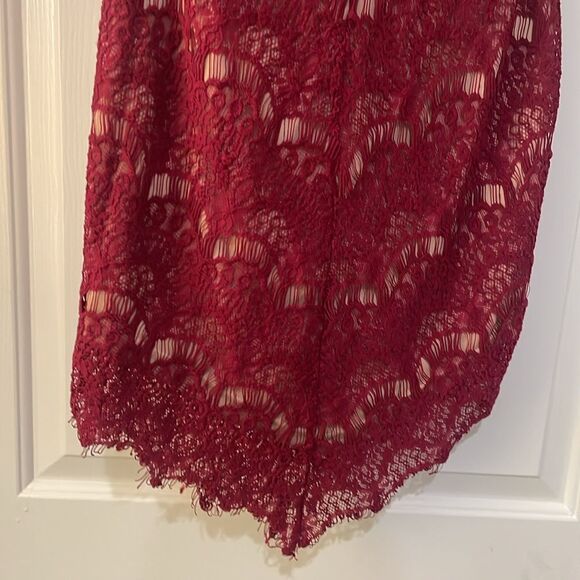 A. Peach red lace overlay high neck mini dress | size L - Picture 4 of 10